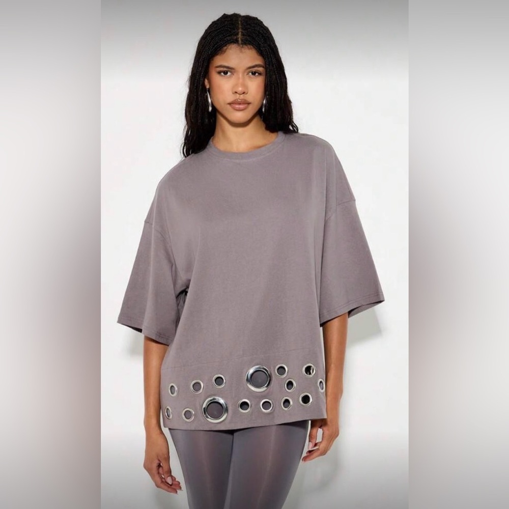 Gray Taupe Oversized Shirt + Silver Grommets | Mid-Sleeve | Chic | XS | NWT